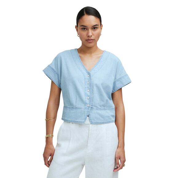 Madewell Pleated Short-Sleeve Denim Top XXL Blue Doral Wash NWT - Picture 1 of 9